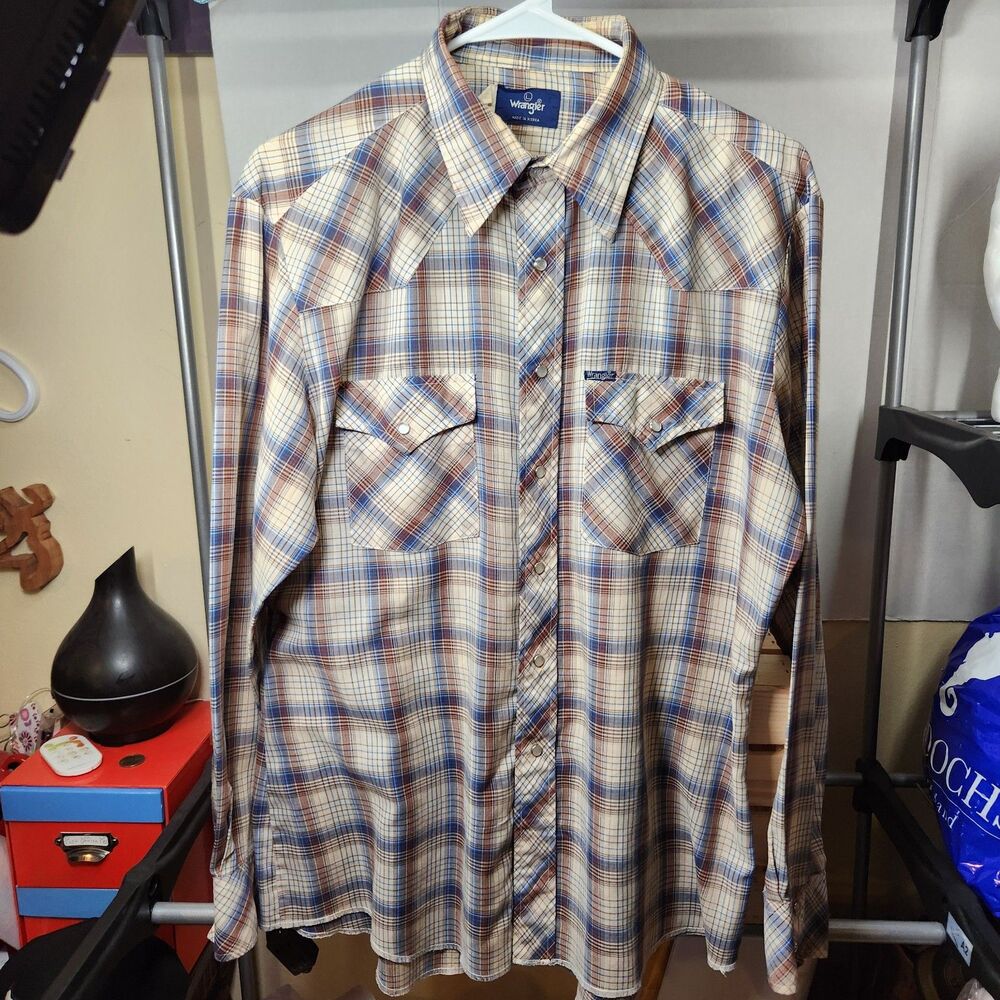 Wrangler Western Style Women Pearl Snaps LS Shirt Brown Plaid Lg